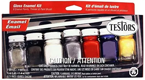 Testors enamel paint set with 6 colors, thinner, brush, and tray