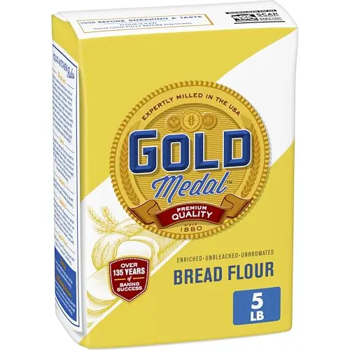 Gold Medal premium quality unbleached bread flour in 5 pound bag