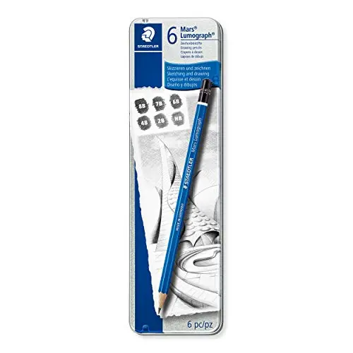 STAEDTLER Lumograph drawing pencils set in silver and blue tin case