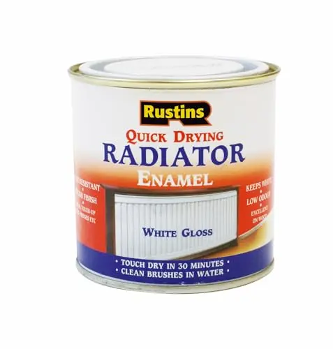 Rustins gloss white radiator paint can