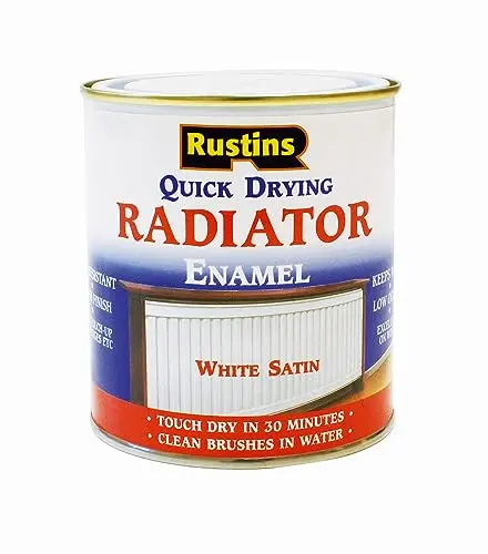 Rustins satin white radiator paint 500ml can