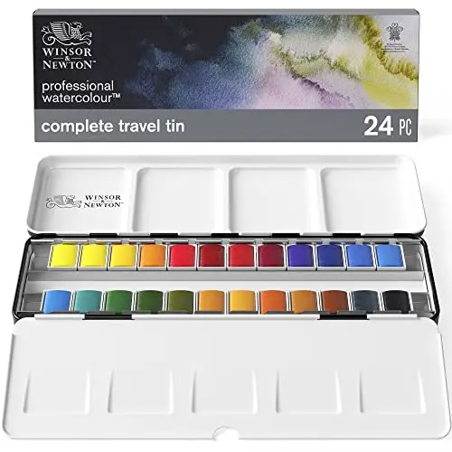 Winsor & Newton professional watercolor paint set in lightweight metal box with 24 half pans