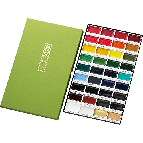 Kuretake Gansai Tambi Japanese watercolor paint set with 36 vibrant colors in elegant packaging
