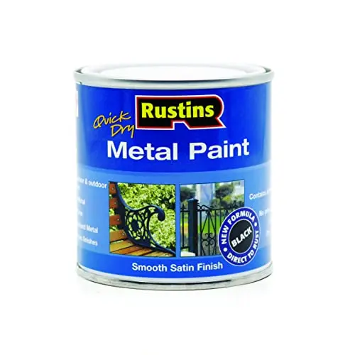 RUSTINS Quick Dry Metal Paint can with black satin finish