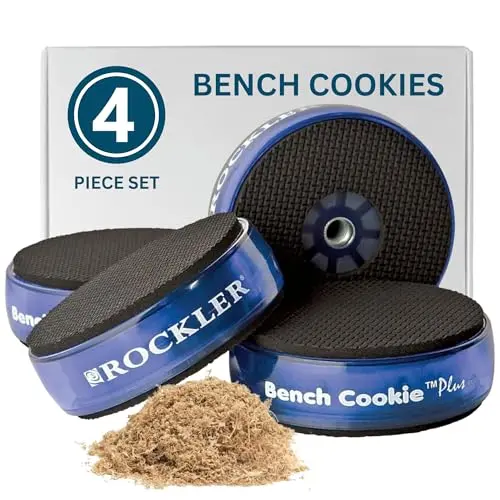 Rockler bench cookies lifting and protecting wood workpiece on workbench