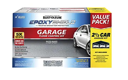 Rust-Oleum EpoxyShield gray garage floor coating kit with decorative chips
