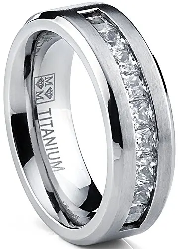 Metal Masters titanium wedding band with princess cut cubic zirconia stones and satin brushing