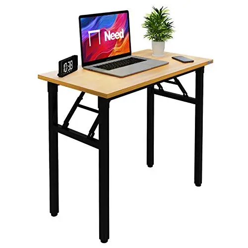 No Assembly Foldable Computer Desk, Teak & Black Frame