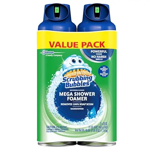 Scrubbing Bubbles foaming bathroom cleaner spraying on shower surface