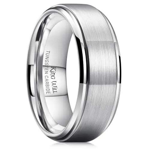 King Will silver tungsten wedding band with matte brushed finish and polished edges