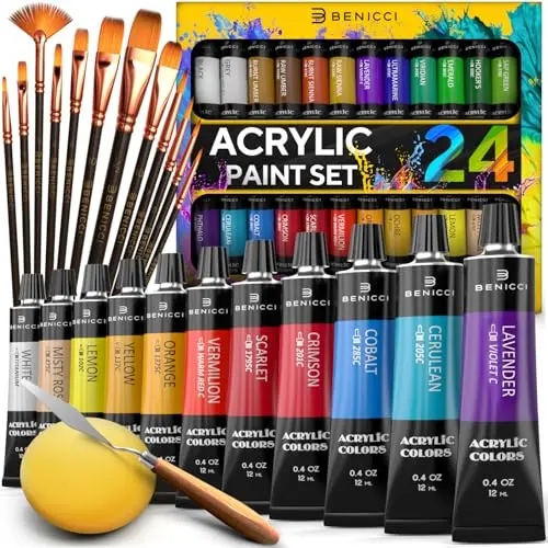 Benicci 24-color acrylic paint set with brushes, palette knife, and sponge for clay painting