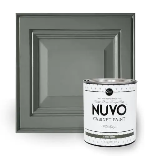 Nuvo Cabinet Paint in Olde Sage color showing a grey-green satin finish