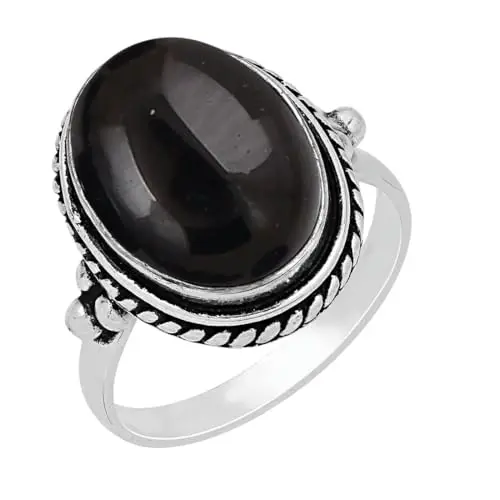 Black onyx sterling silver plated ring with oval stone in bohemian style