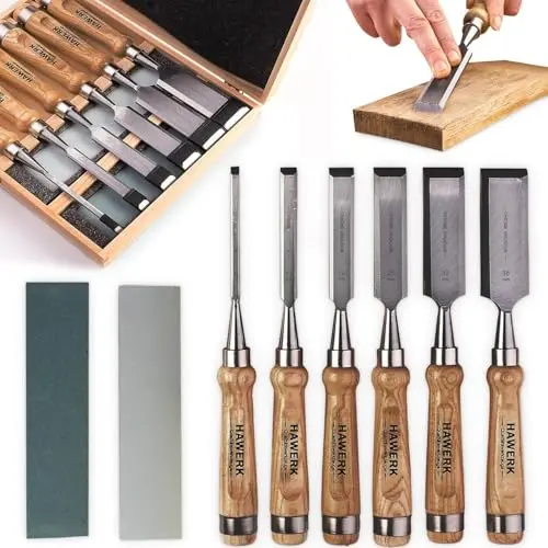 HAWERK wood chisel set with wooden case and sharpening stones