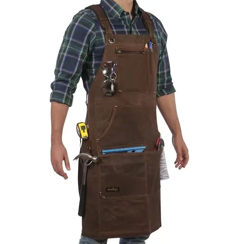 ECOZEN waxed canvas woodworking apron with multiple tool pockets and tape holder