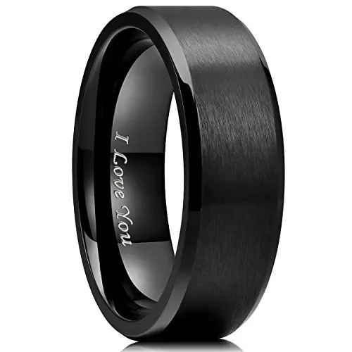 King Will black stainless steel wedding band with laser-etched I Love You inscription and matte finish
