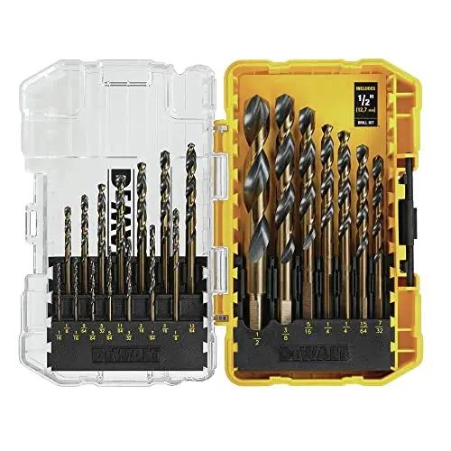 DEWALT 21-piece black oxide drill bit set with parabolic flute design for wood and metal