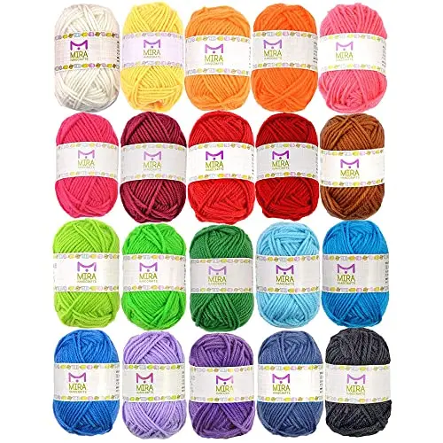 Mira HandCrafts 20-color acrylic yarn assortment showing vibrant rainbow colors
