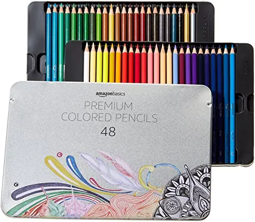 Amazon Basics 48-count colored pencils set in tin case