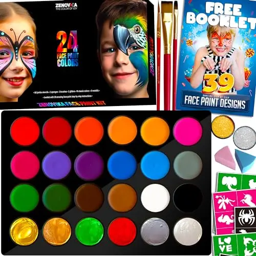 Zenovika face painting kit with colorful palette, stencils, and brushes