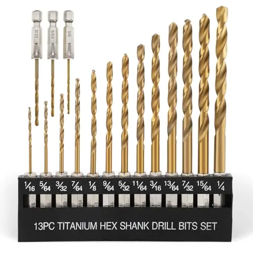 COMOWARE 16-piece titanium coated drill bit set with hex shank for wood and plastic