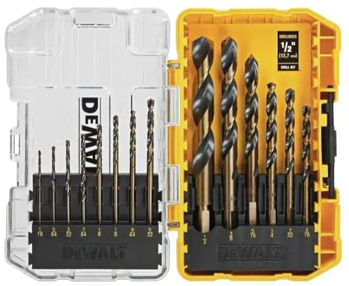 DEWALT 14-piece drill bit set with gold coating and 3-flat shank for wood, metal, and plastic