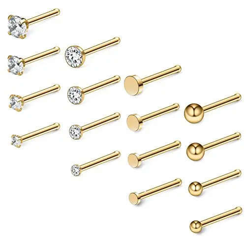 Gold-toned surgical steel nose studs with ball, flat, and crystal tops in multiple sizes