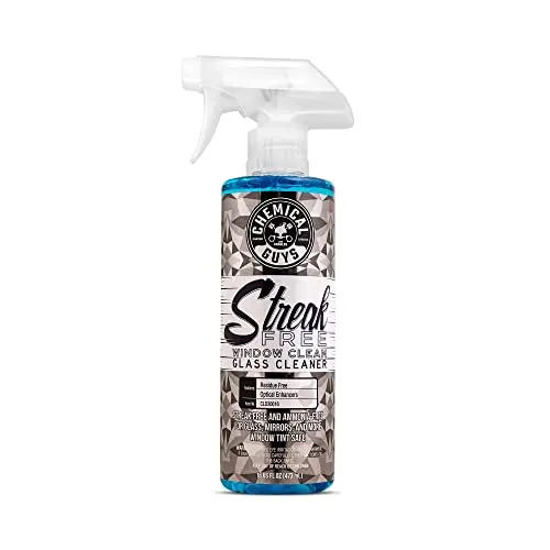 Chemical Guys Streak Free Glass Cleaner spray bottle in use on car window