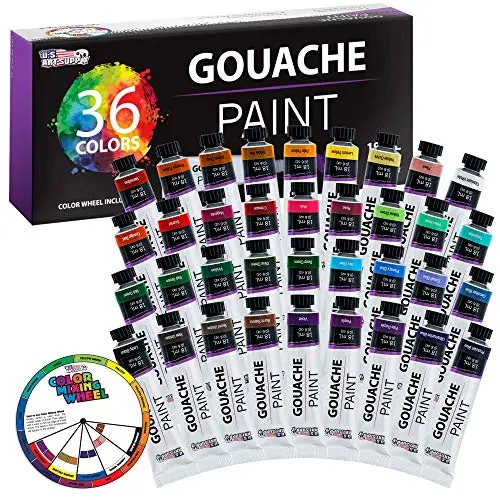 U.S. Art Supply 36-color gouache paint set in tubes with color mixing wheel