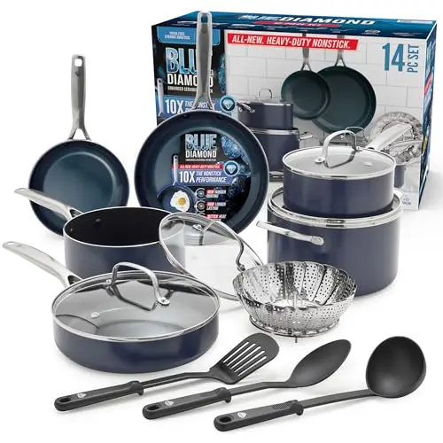 Blue Diamond blue ceramic cookware set with diamond-infused coating