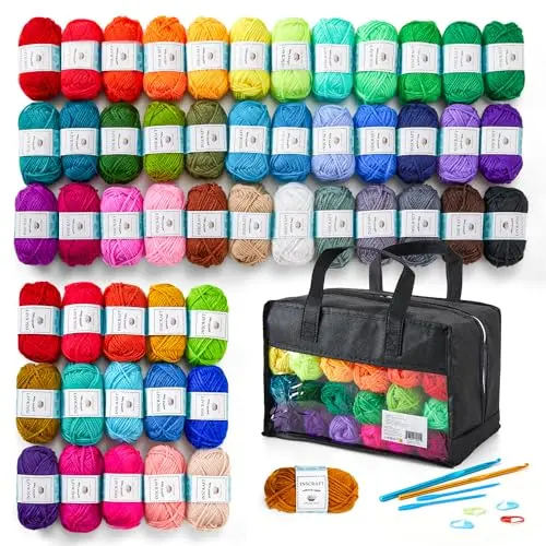 INSCRAFT 52-color acrylic yarn assortment with tools showing extensive color range