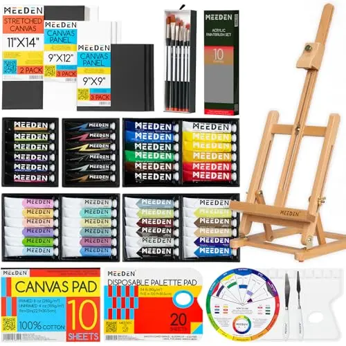 MEEDEN acrylic paint set with easel, brushes, and canvases