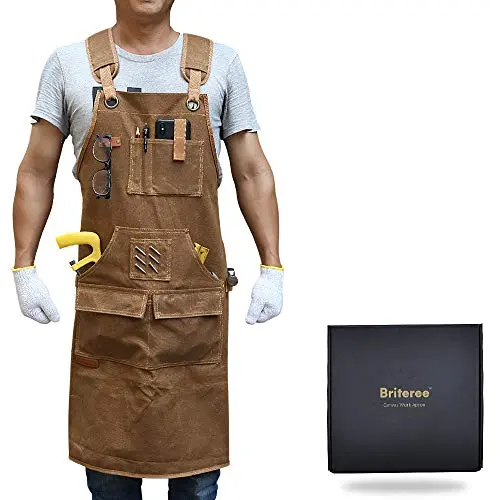 BRITEREE heavy-duty waxed canvas woodworking apron with magnetic patch and multiple pockets