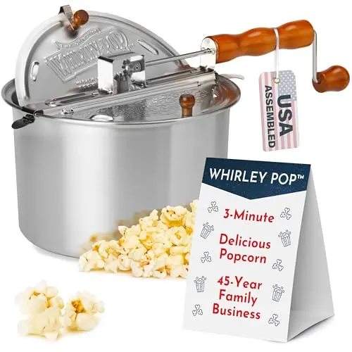 Whirley Pop stovetop popcorn maker with silver aluminum pot