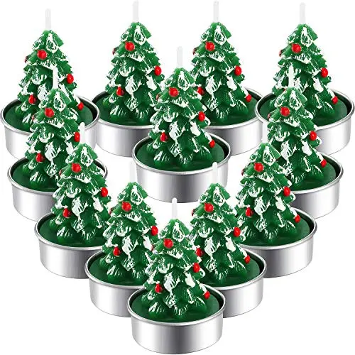 Handmade Christmas tree shaped tealight candles in metal holders