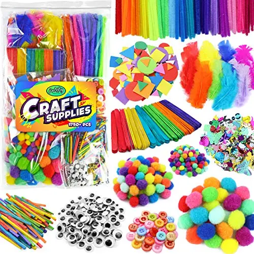 Carl & Kay arts and crafts supplies kit with assorted materials like pom poms and googly eyes