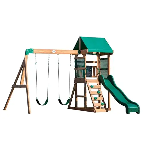 Starter wood swing set with slide and chalkboard