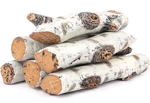 Hisencn 6-piece white birch ceramic logs for gas fireplace with detailed hand-painted finish