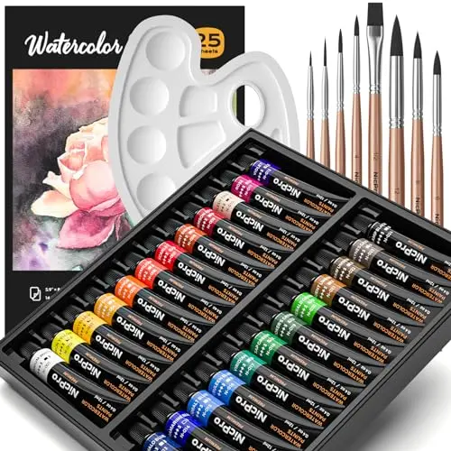 Nicpro 60-piece watercolor paint set with tubes, paper, and brushes