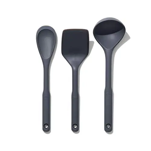 OXO Good Grips silicone utensil set with ladle, spoon, and turner in gray