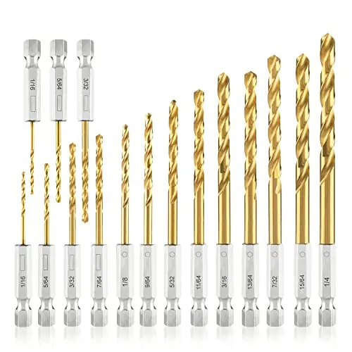 amoolo 16-piece hex shank drill bit set with titanium coating for wood, steel, and plastic
