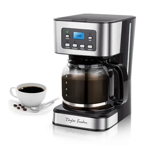 Taylor Swoden 12-cup programmable coffee maker in black and stainless steel