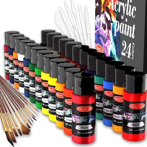 HissiCo 24 color acrylic paint set with brushes and knives for pinewood derby cars