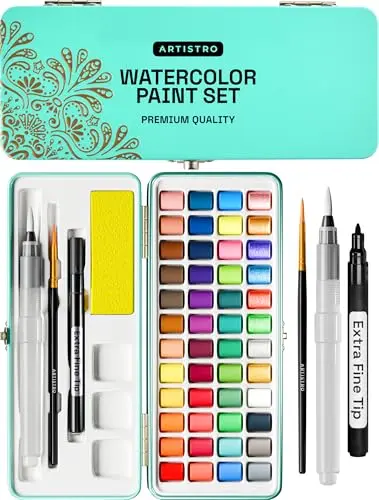 ARTISTRO watercolor paint set with metal tin, paints, brush, and paper