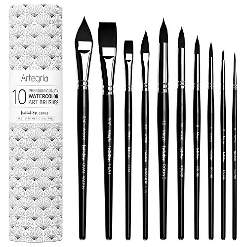 ARTEGRIA professional watercolor brush set with various shapes including rounds, flats, dagger, and oval wash