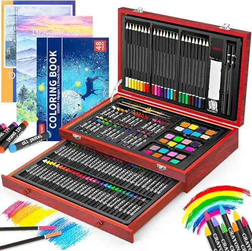 iBayam 150-piece deluxe wooden art set with sketch pads and coloring book