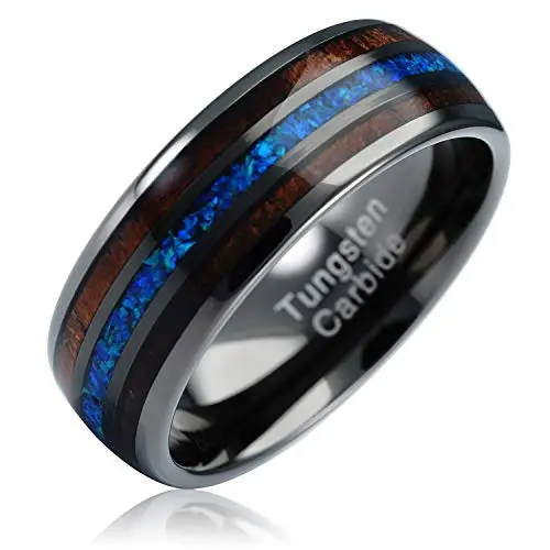 100S JEWELRY tungsten ring with koa wood and blue opal inlay