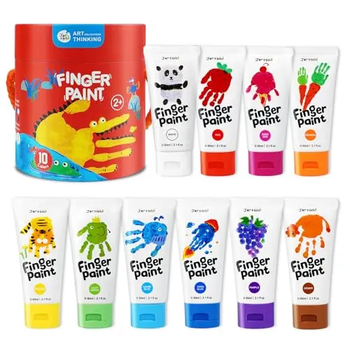 Jar Melo washable finger paints in 10 colors with large 2.1oz tubes