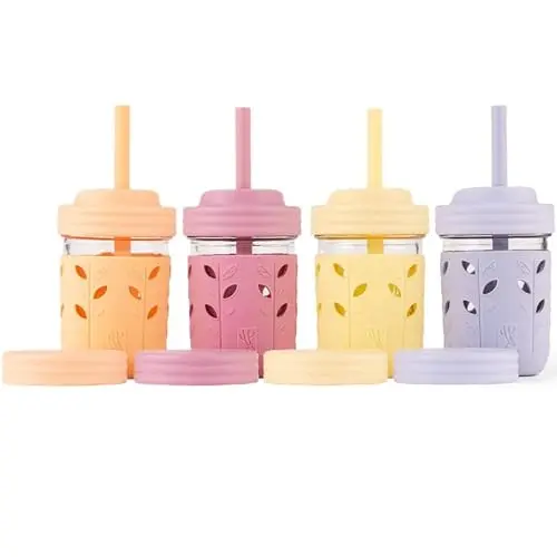 Spill Proof, Glass & Silicone, 8 oz, Straw with Stopper