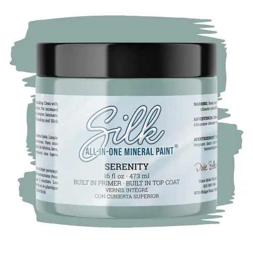 Dixie Belle Silk mineral paint in Serenity blue on wood furniture